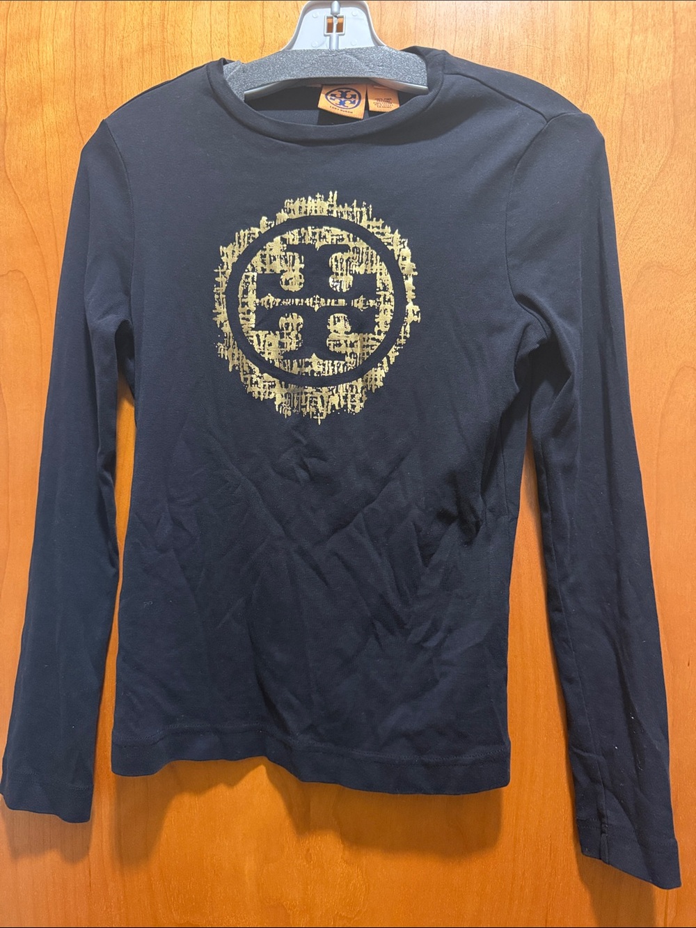 Tory Burch Black Long-Sleeve Tee with Gold Logo Graphic